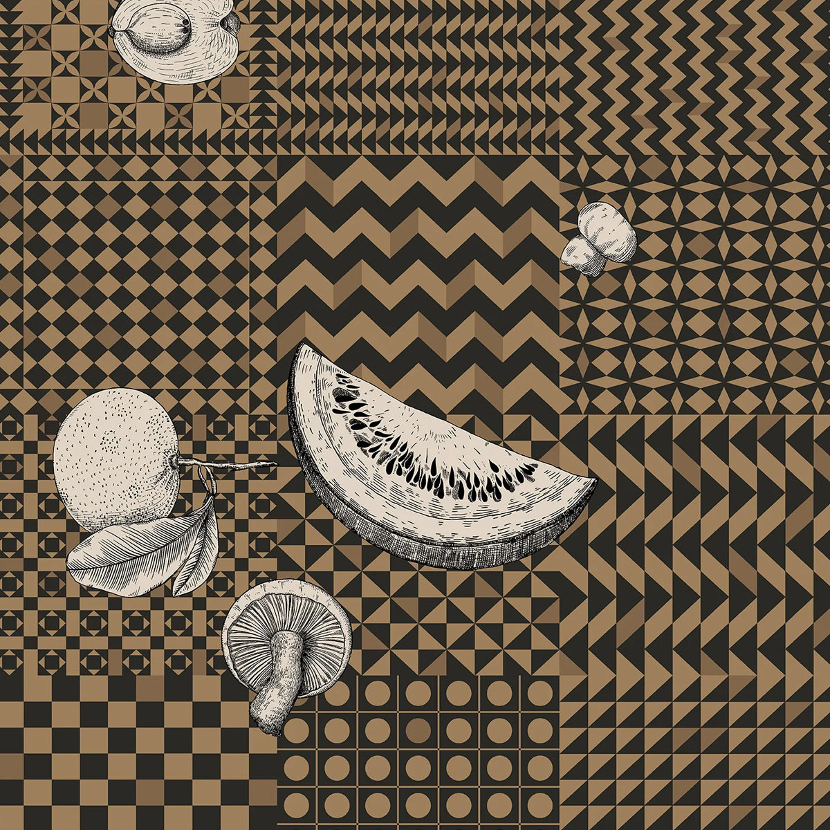 Cole &amp; Son &#39;Frutta e Geometrico - Black, White &amp; Gold&#39; Wallpaper