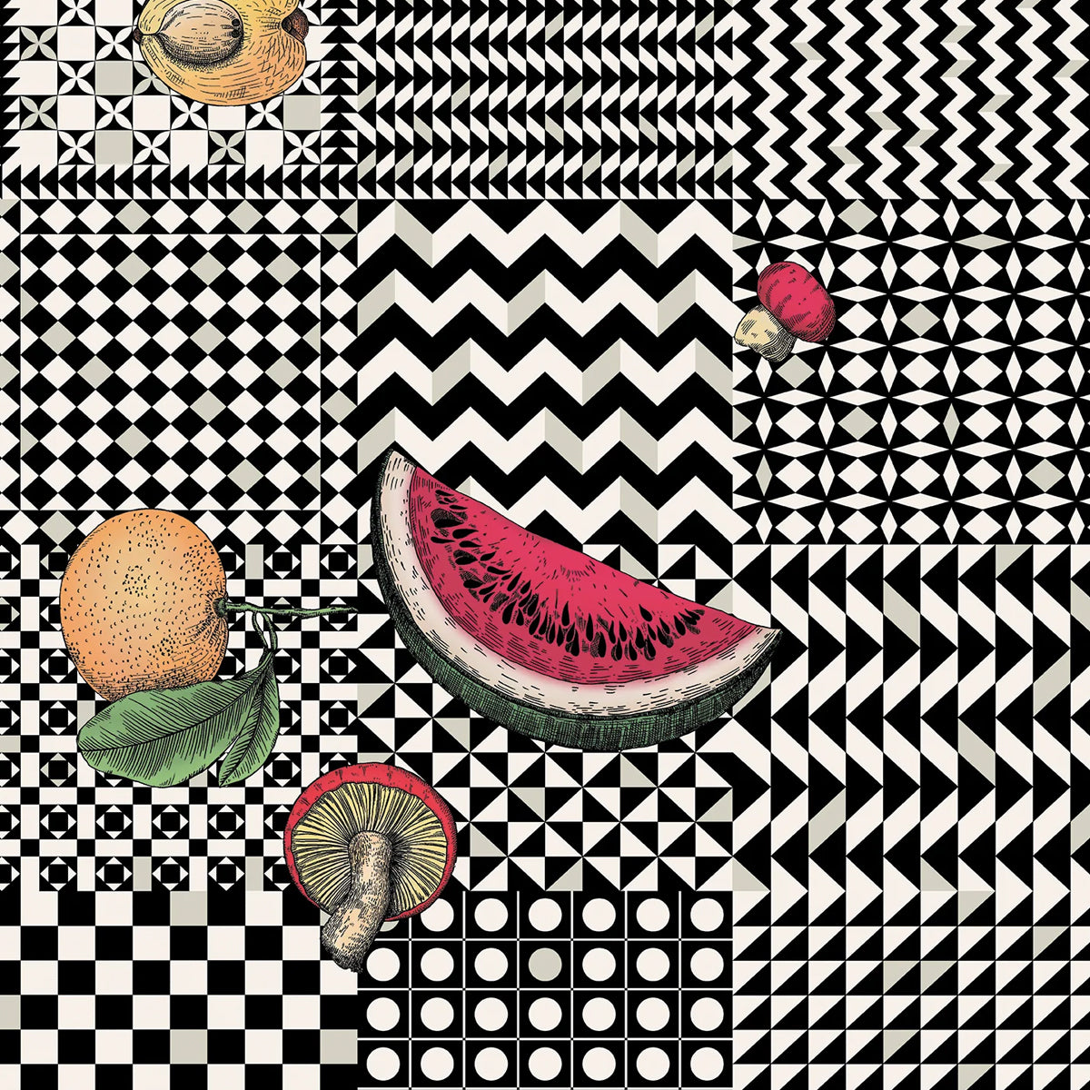 Cole &amp; Son &#39;Frutta e Geometrico - Black, White &amp; Multi&#39; Wallpaper