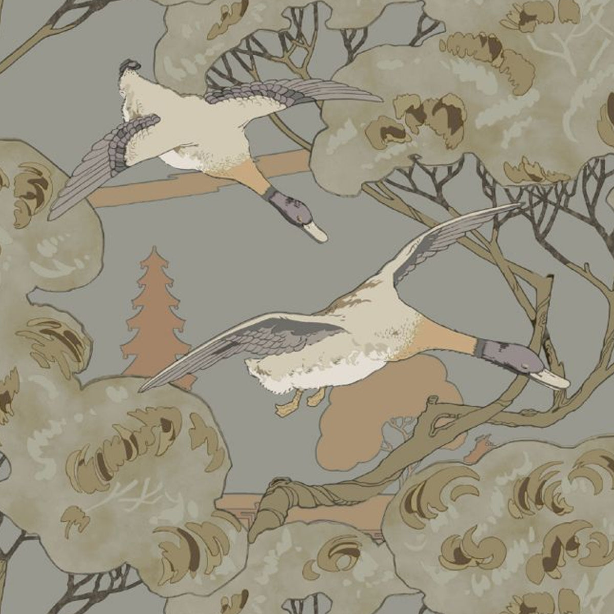 Mulberry Home &#39;Grand Flying Ducks - Grey/Blue&#39; Wallpaper