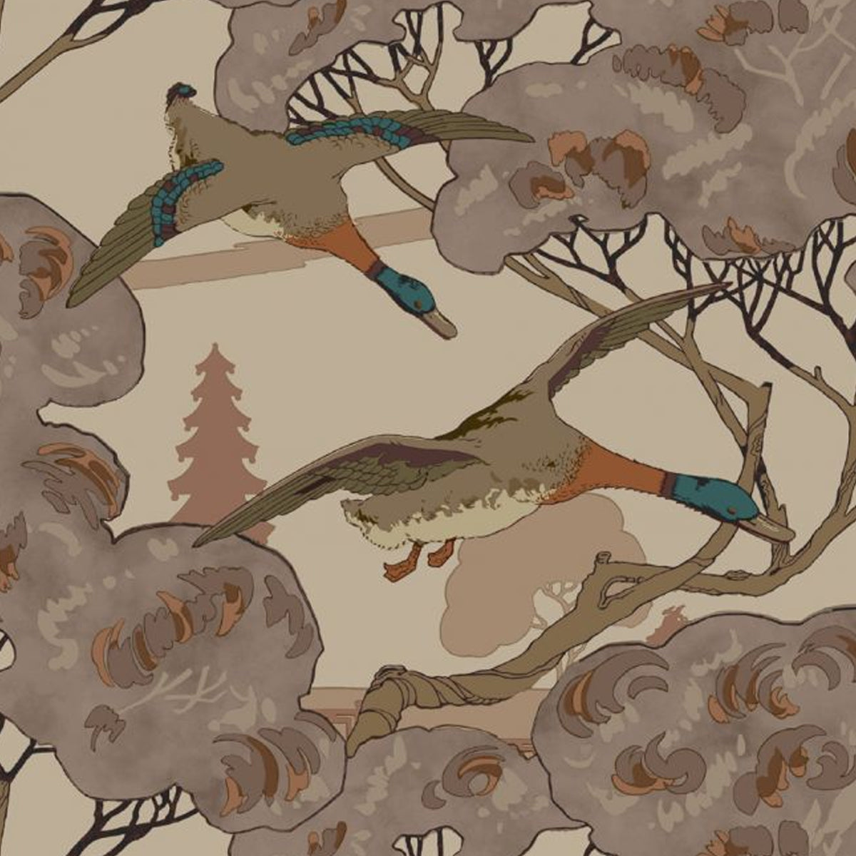 Mulberry Home &#39;Grand Flying Ducks - Plum&#39; Wallpaper