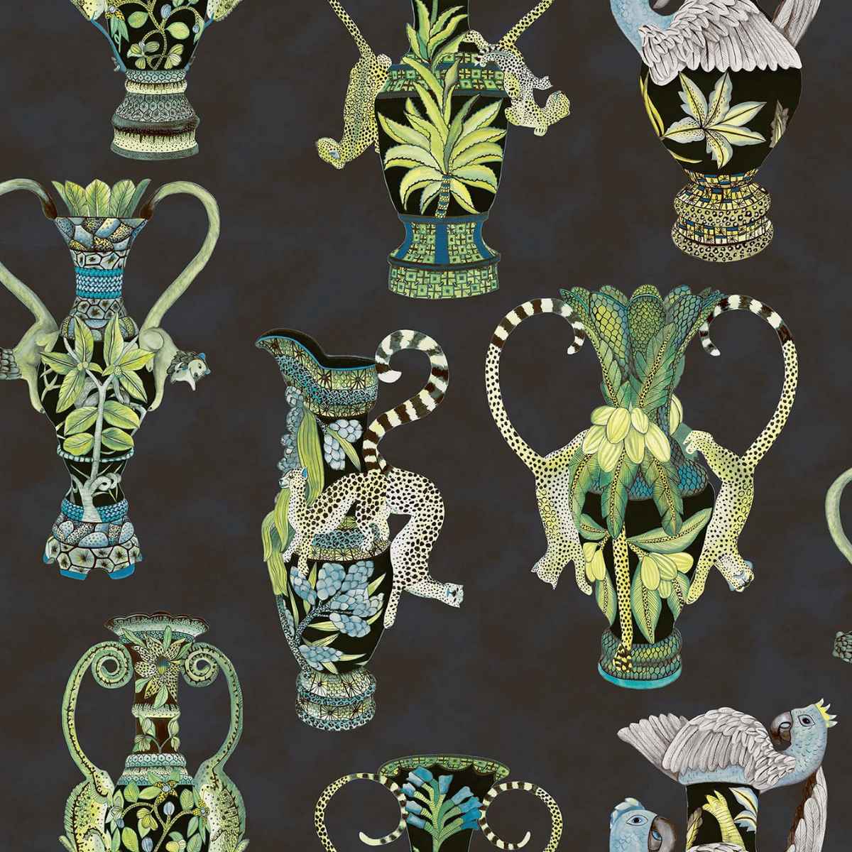 Cole &amp; Son &#39;Khulu Vases - Multi Greens &amp; Blues on Ink&#39; Wallpaper