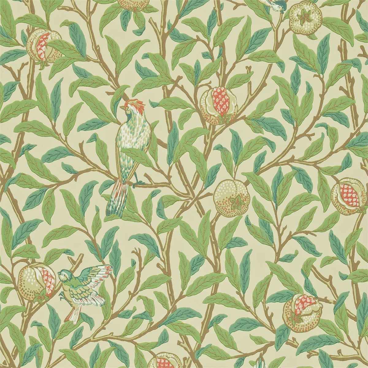 Morris &amp; Co &#39;Bird &amp; Pomegranate - Bayleaf/Cream&#39; Wallpaper
