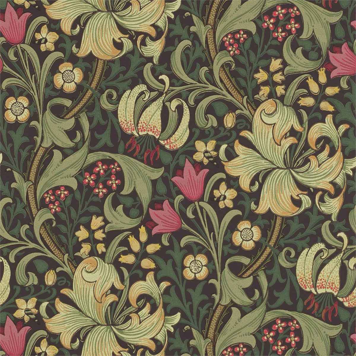Morris &amp; Co &#39;Golden Lily - Charcoal/Olive&#39; Wallpaper
