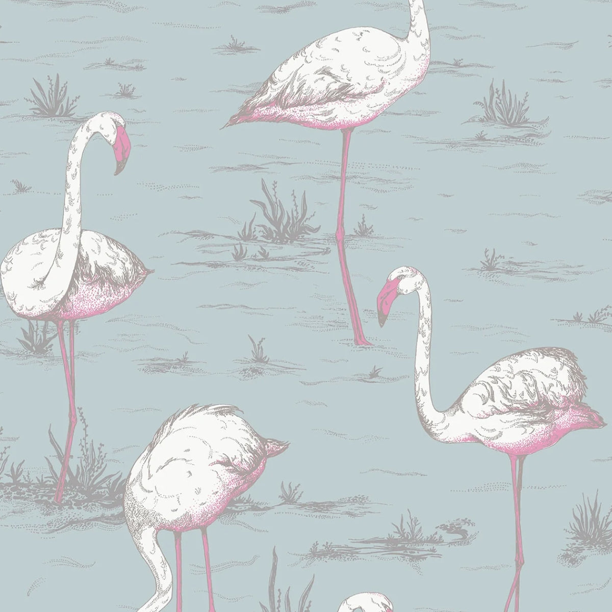 Cole &amp; Son &#39;Flamingos Linen Union - White &amp; Fuchsia on Seafoam&#39; Fabric