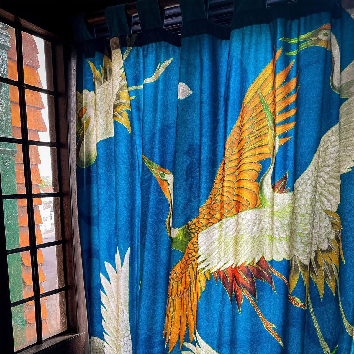 Crane Teal Printed Velvet Panel Curtain