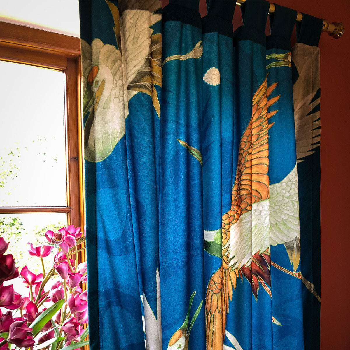 Crane Teal Printed Velvet Panel Curtain