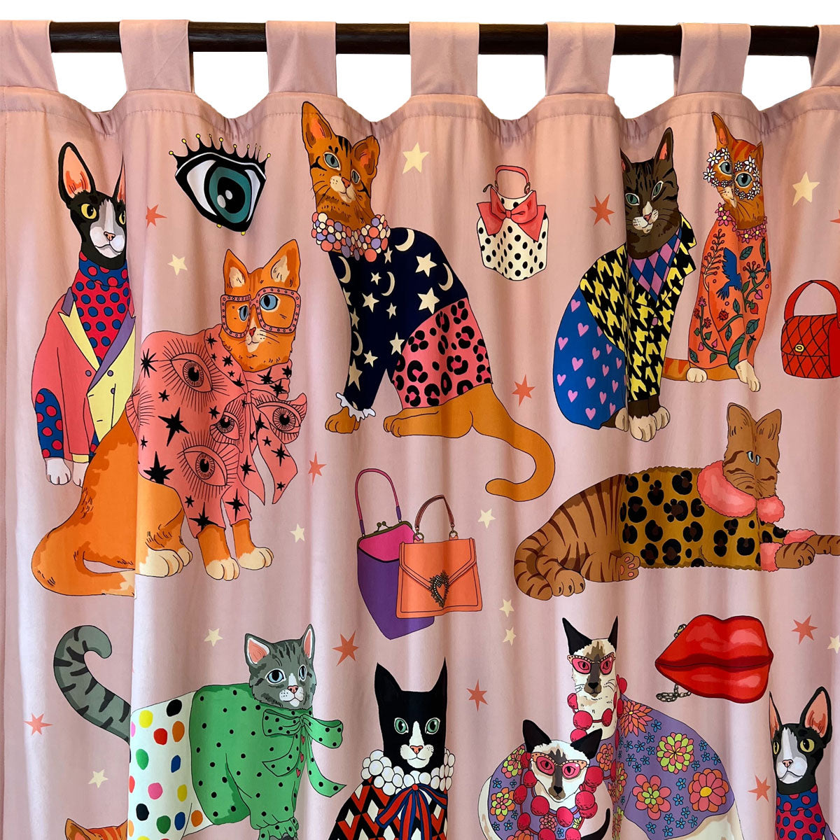 Karen Mabon X Courthouse ‘Fashion Cats’ Velvet Panel Curtain Pink
