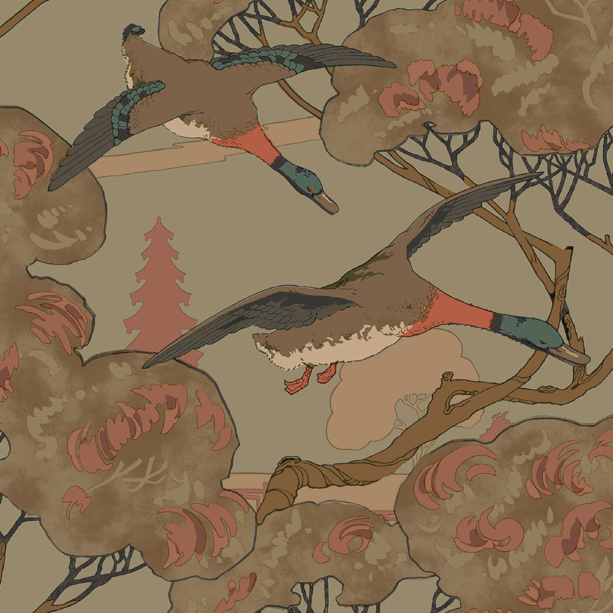 Mulberry Home &#39;Grand Flying Ducks - Sage&#39; Wallpaper