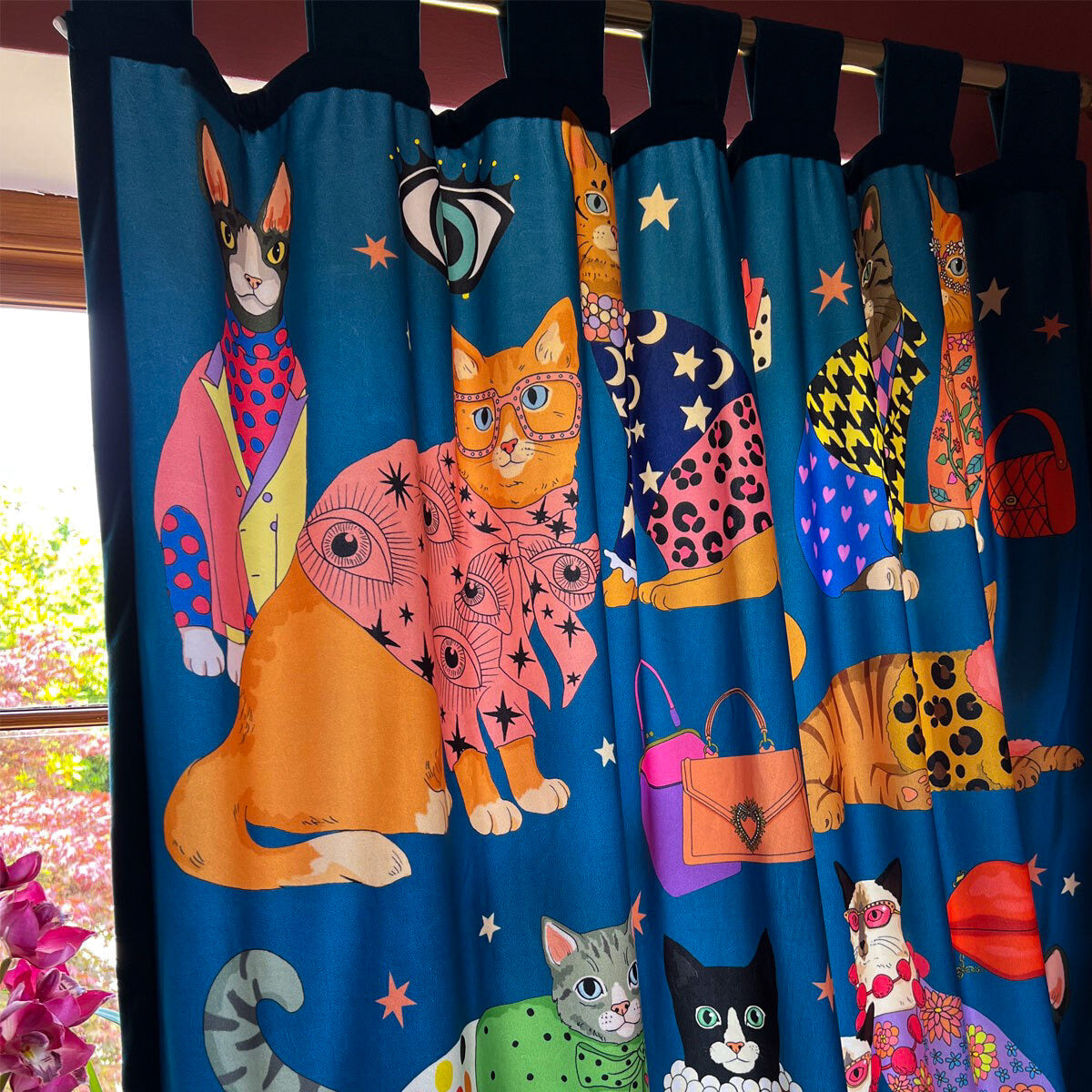 Karen Mabon X Courthouse ‘Fashion Cats’ Velvet Panel Curtain Teal
