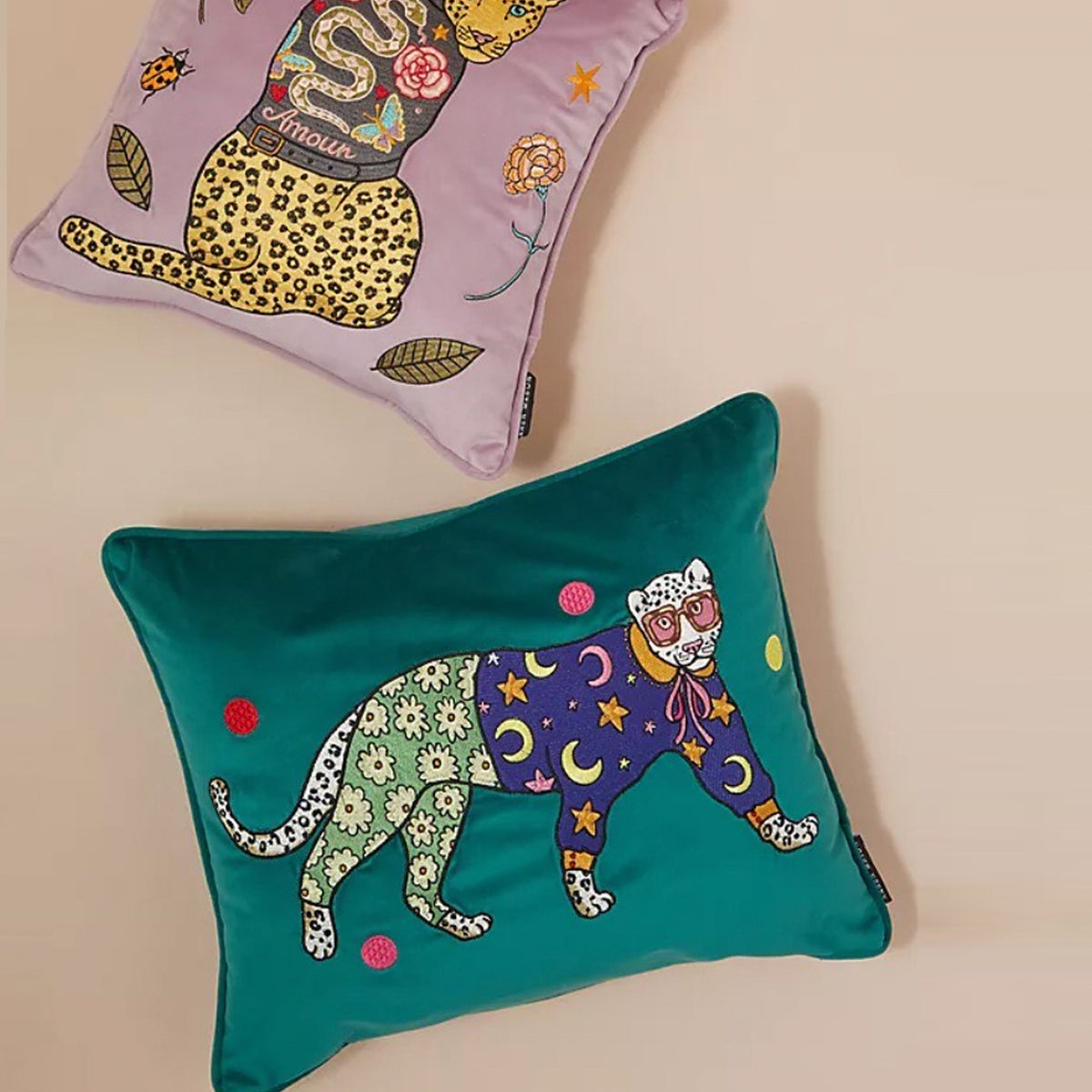 Leopards Embroidered Velvet Cushion Cover - Courthouse Exclusive by Karen Mabon