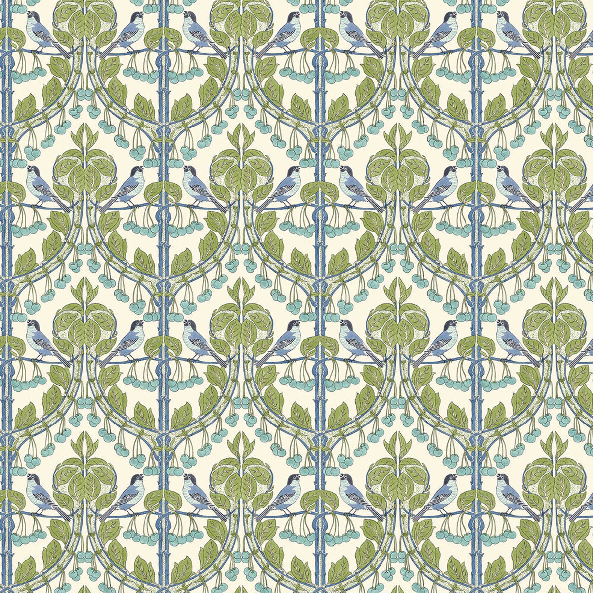 GP&amp;J Baker &#39;Birds &amp; Cherries - Green/Blue&#39; Wallpaper