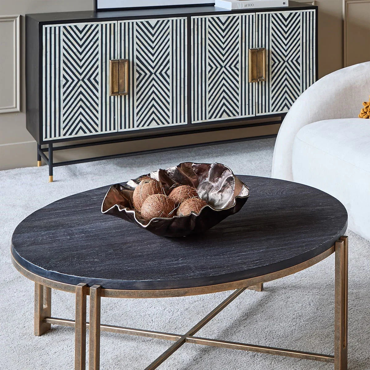 Dalston Black Sandblasted Wood and Champagne Frame Coffee Table - Courthouse Furniture
