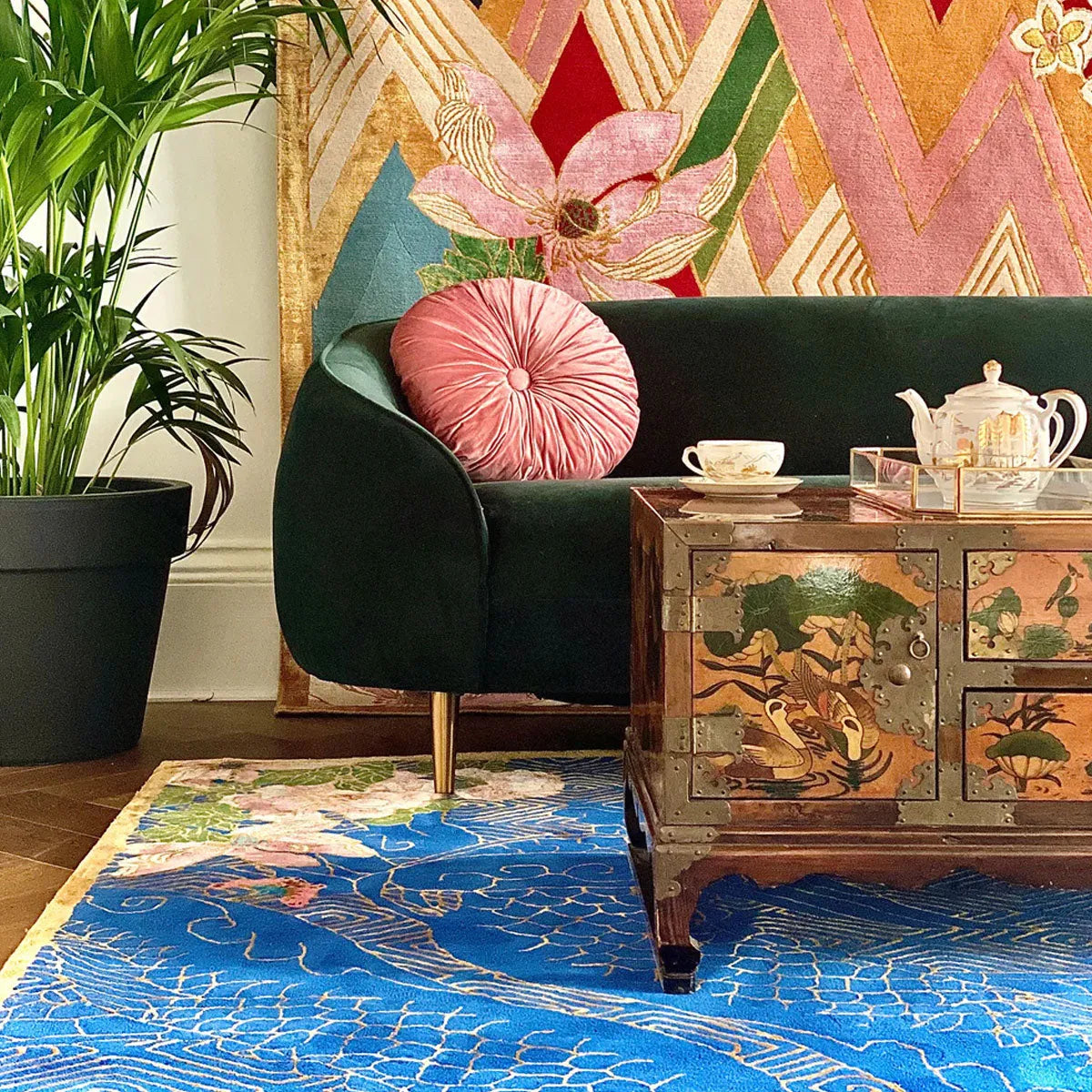 Dragon Florals Blue &amp; Gold Hand Tufted Rug - Wendy Morrison Design