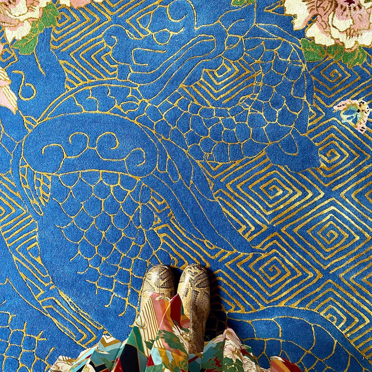 Dragon Florals Blue &amp; Gold Hand Tufted Rug - Wendy Morrison Design
