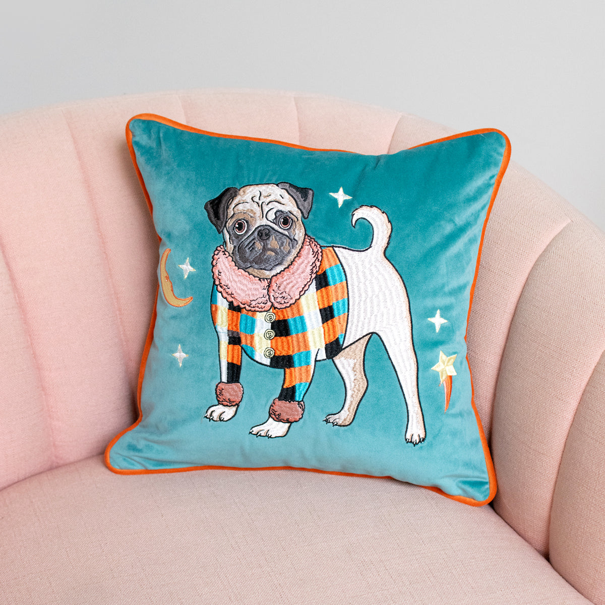 Fashion Pug Embroidered Velvet Cushion Cover - Karen Mabon