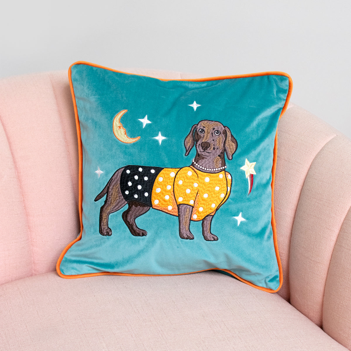 Fashion Sausage Dog Embroidered Velvet Cushion Cover - Karen Mabon