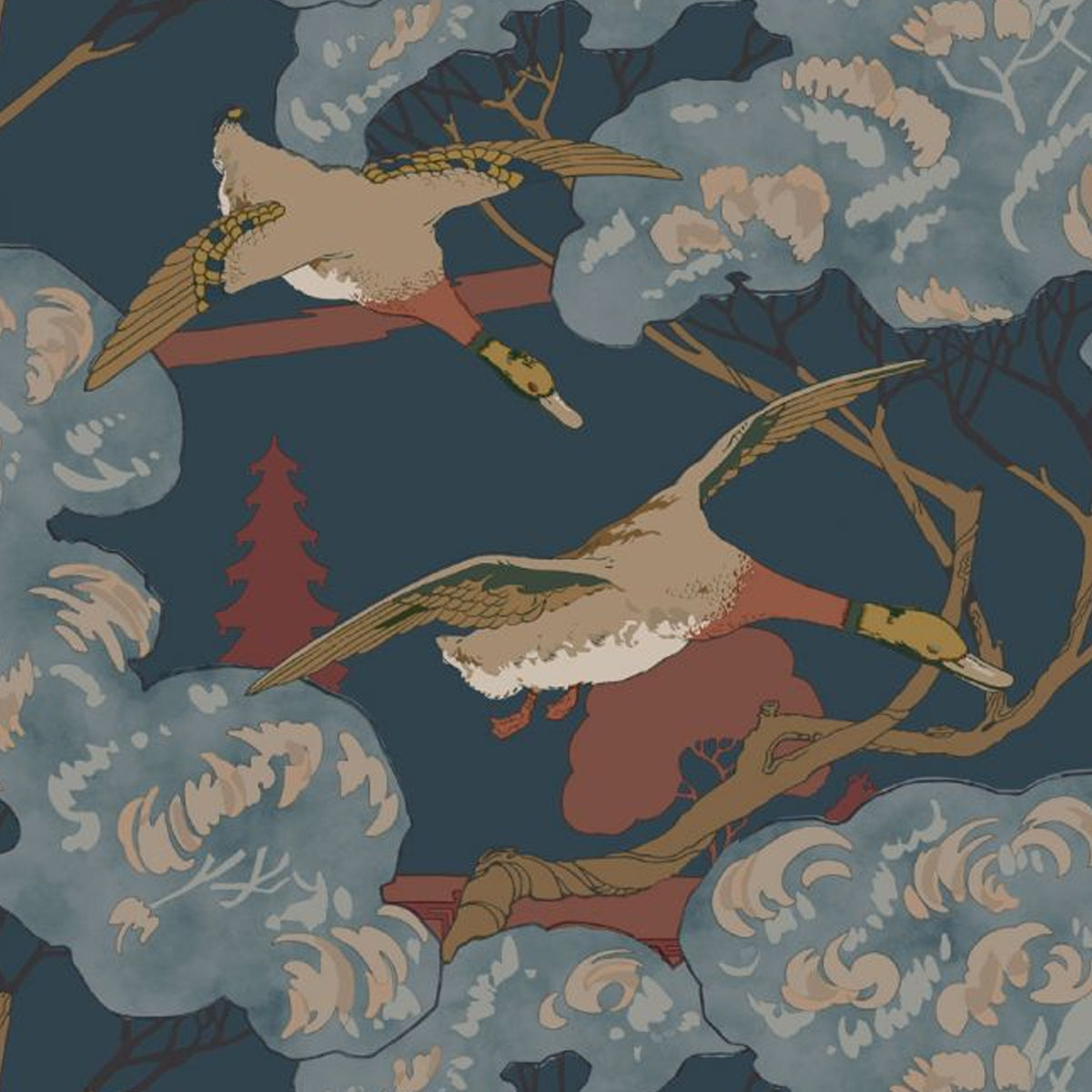 Mulberry Home &#39;Grand Flying Ducks - Red/Blue&#39; Wallpaper