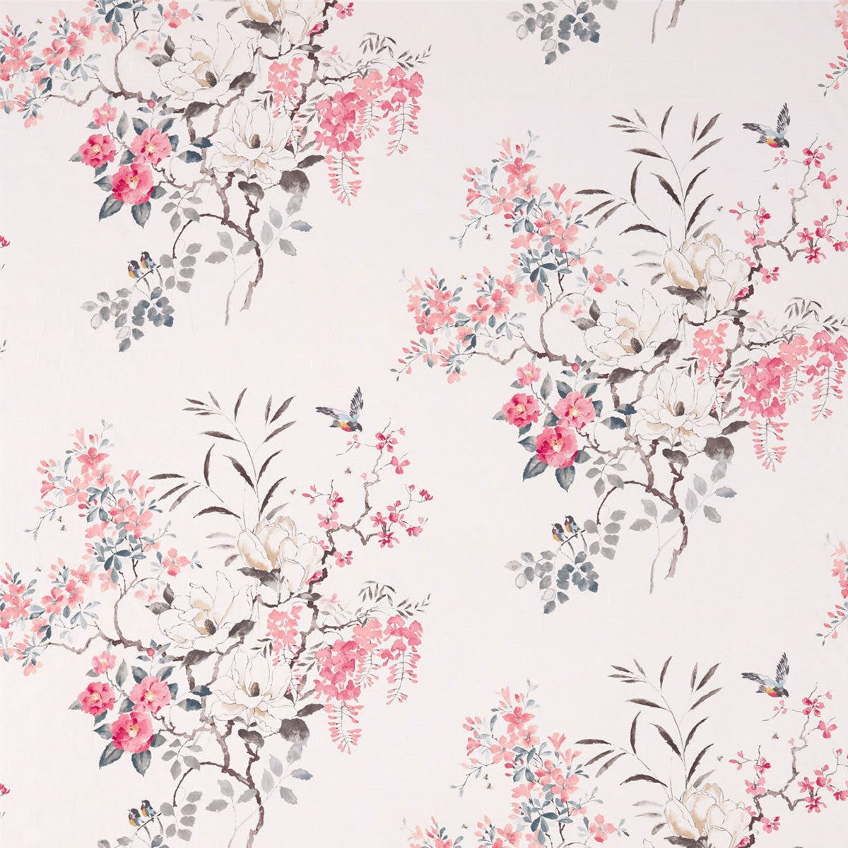 Magnolia &amp; Blossom Coral/Silver  Fabric - Sanderson