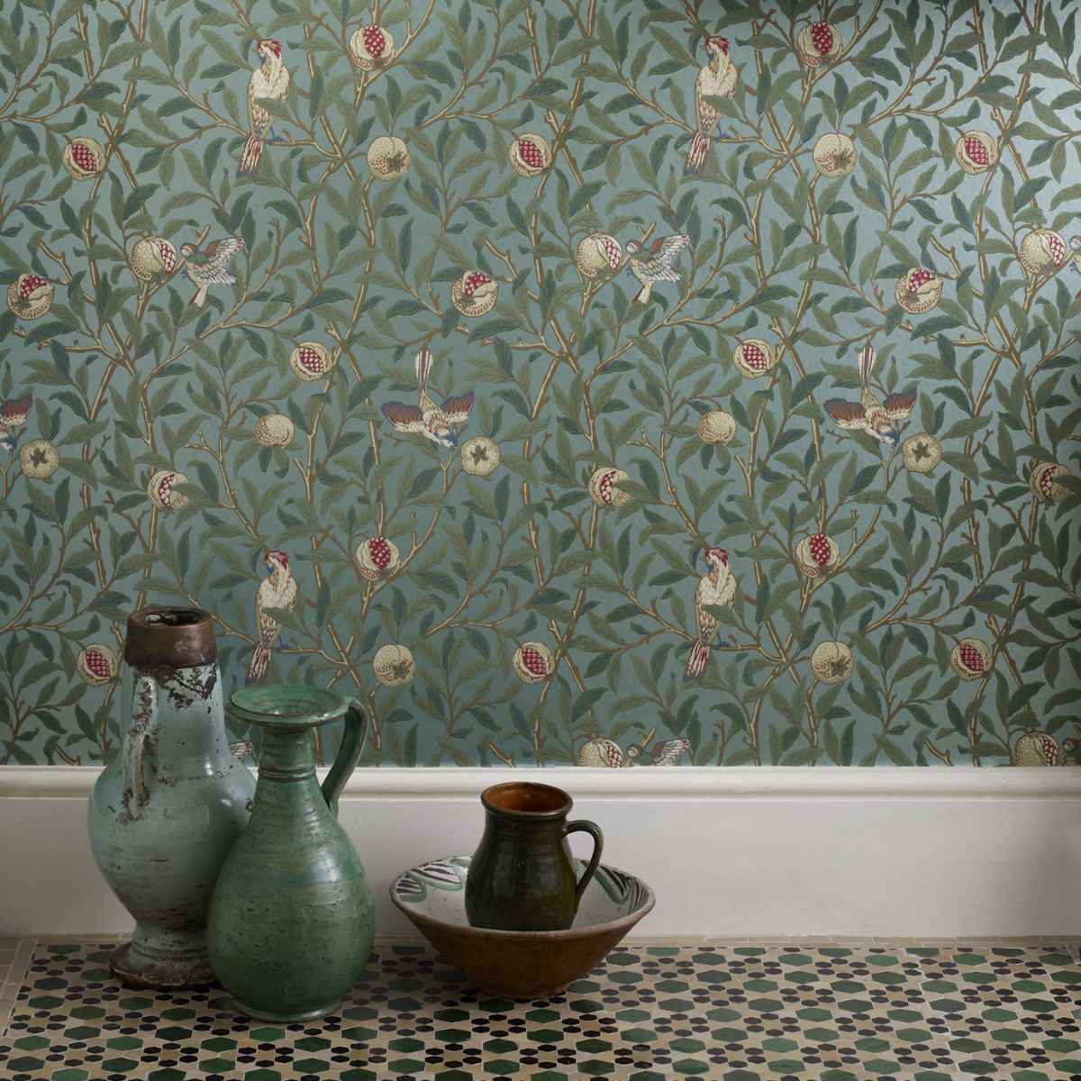 Morris &amp; Co &#39;Bird &amp; Pomegranate - Turquoise/Coral&#39; Wallpaper