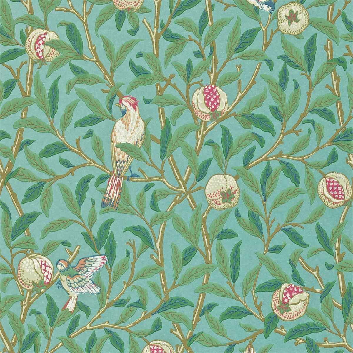 Morris &amp; Co &#39;Bird &amp; Pomegranate - Turquoise/Coral&#39; Wallpaper