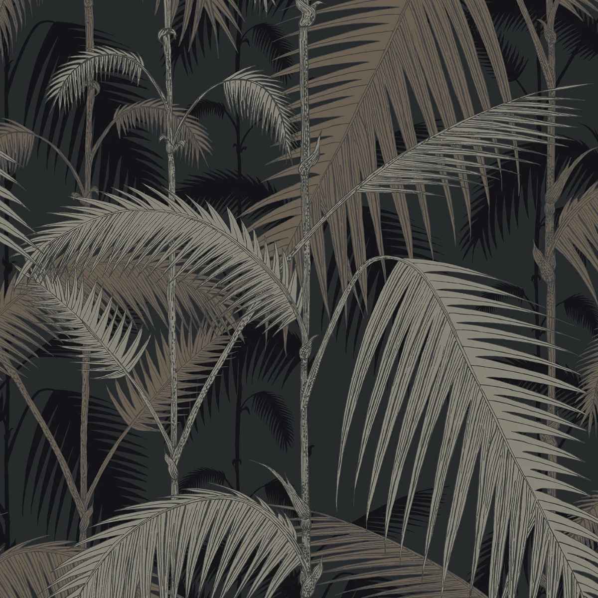 Cole and Son &#39;Palm Jungle - Metallic Gilver on Charcoal&#39; Wallpaper