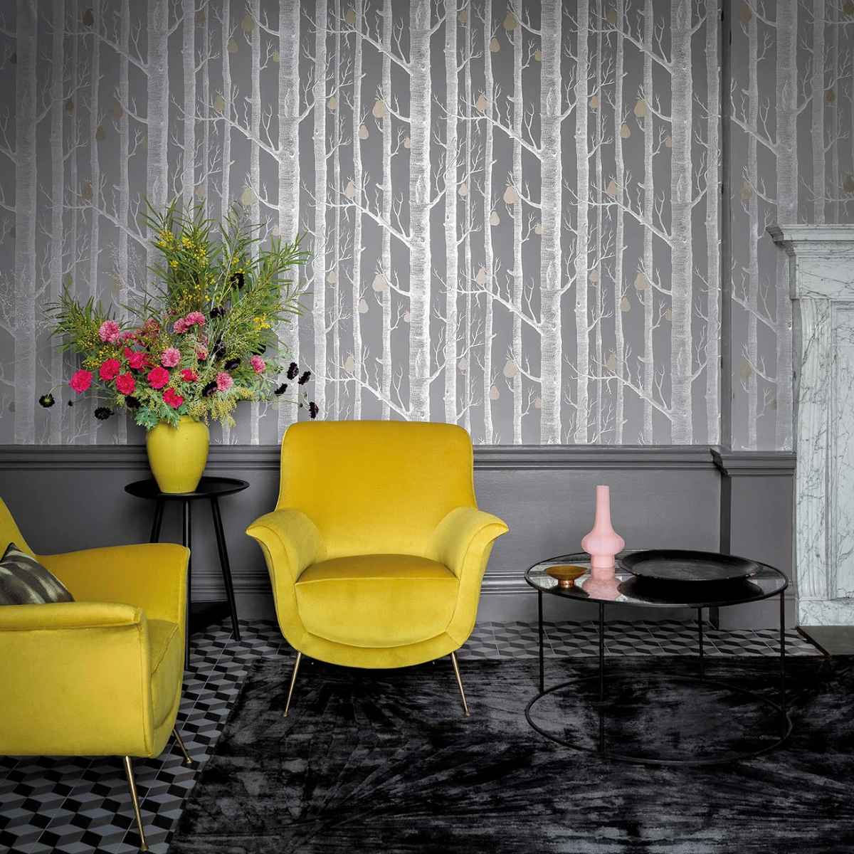 Cole &amp; Son &#39;Woods and Pears - Metallic Silver &amp; Metallic Bronze on Lilac Grey&#39; Wallpaper