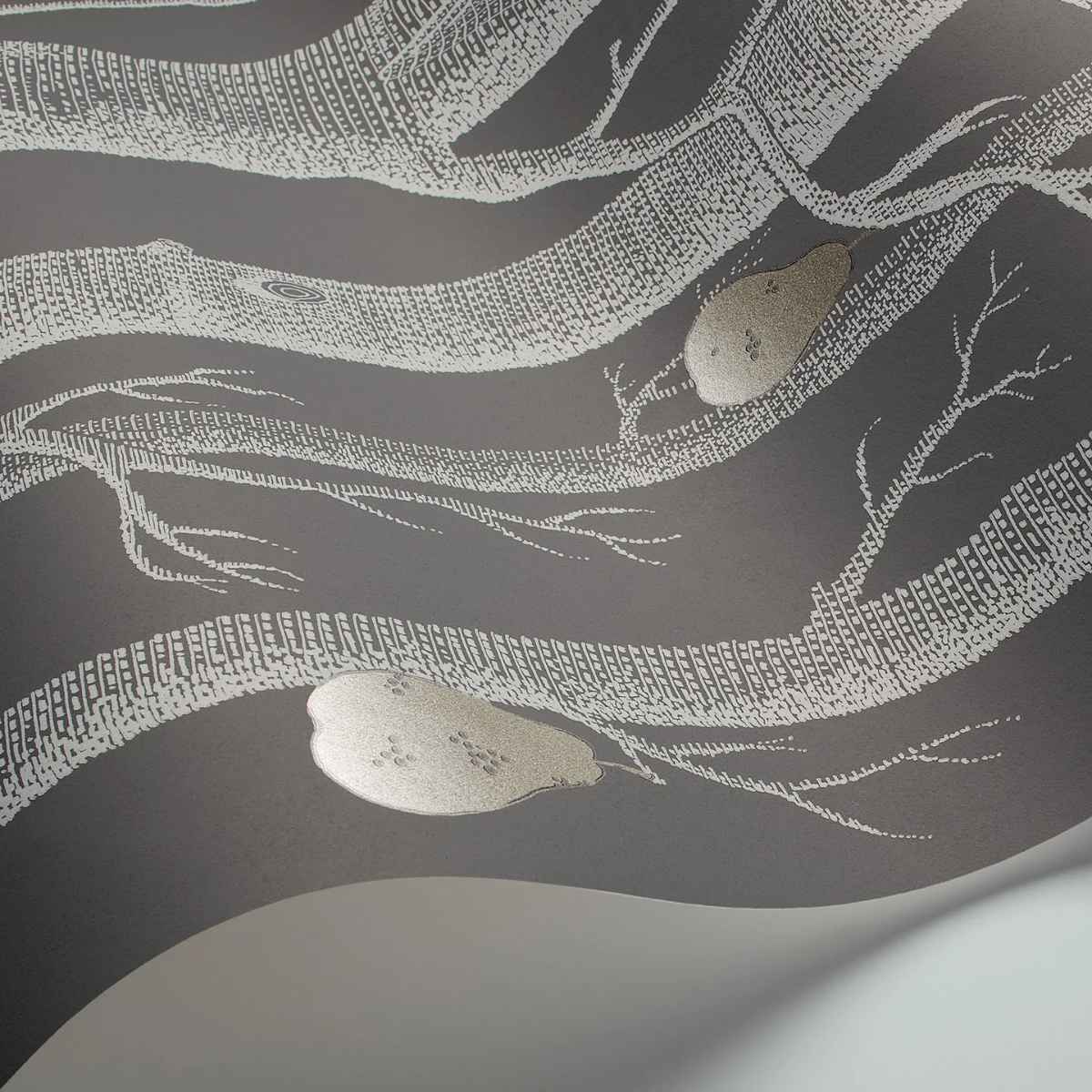 Cole &amp; Son &#39;Woods and Pears - White &amp; Metallic Silver on Charcoal&#39; Wallpaper