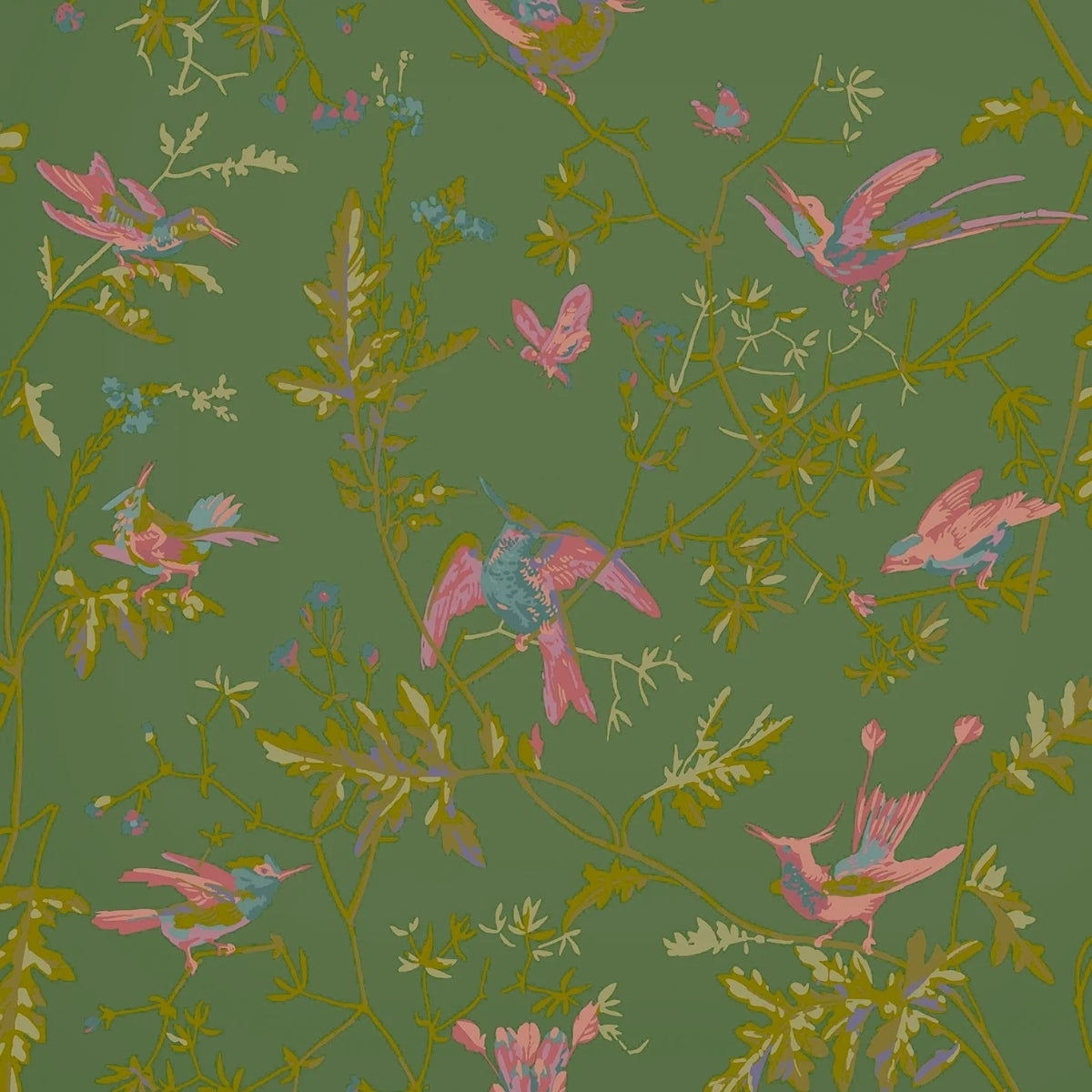 Cole &amp; Son &#39; Hummingbirds - Fuchsia on Racing Green&#39; Wallpaper
