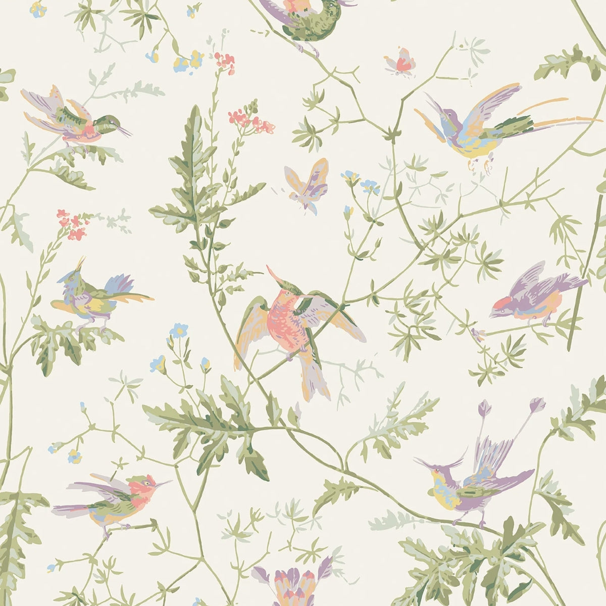 Cole &amp; Son &#39; Hummingbirds - Soft Multi, Olive Green on White&#39; Wallpaper
