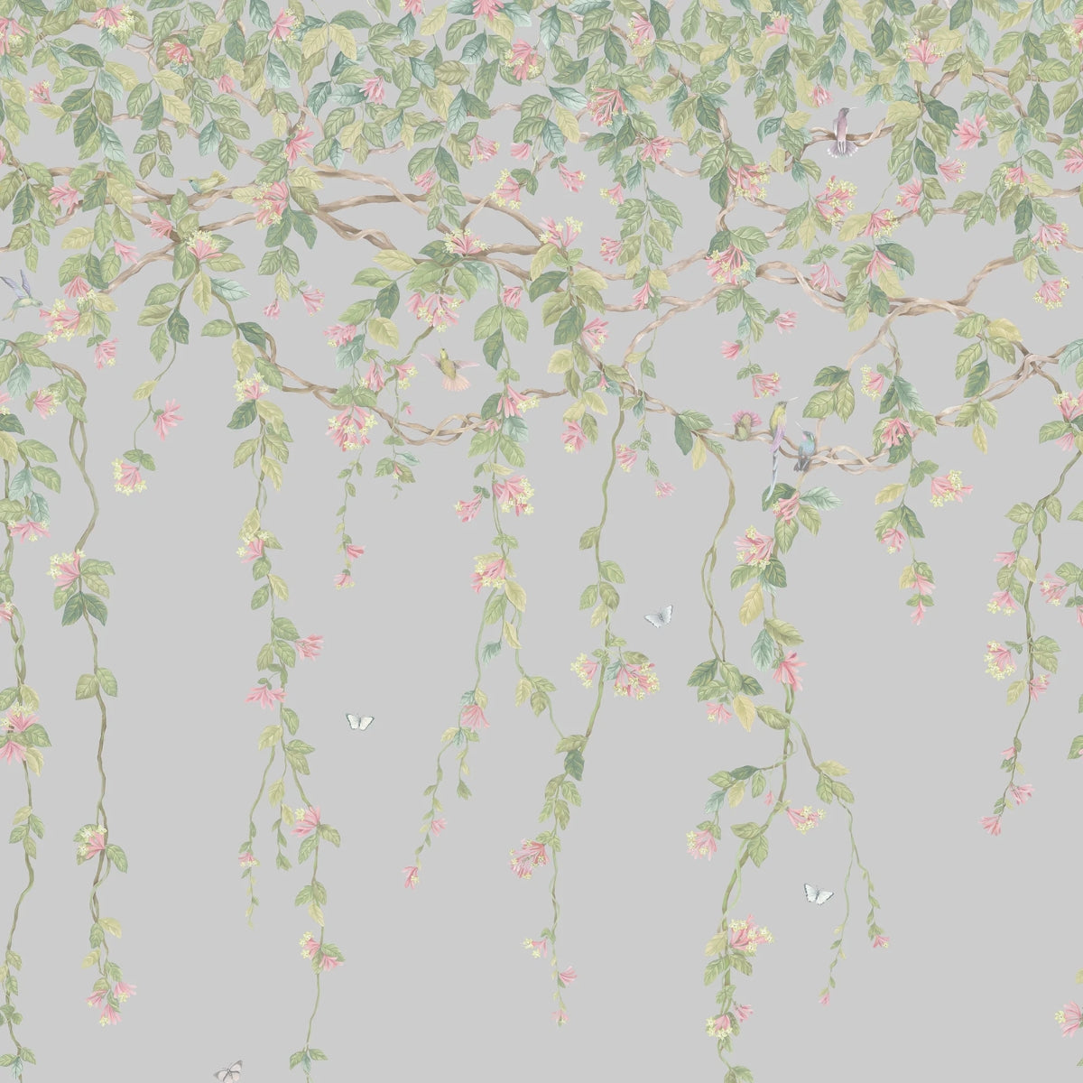 Cole &amp; Son &#39; Hummingbirds Flora - Rose &amp; Olive on Grey&#39; Wallpaper