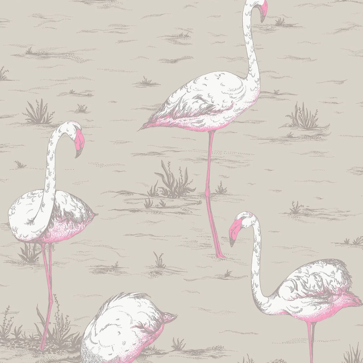 Cole &amp; Son &#39;Flamingos Linen Union - White &amp; Fuchsia on Taupe&#39; Fabric