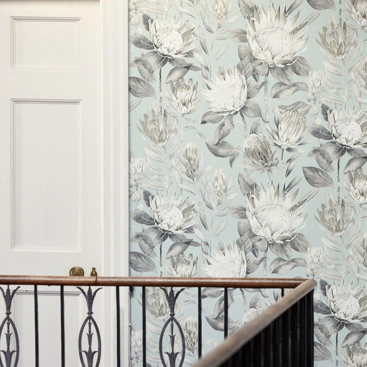 Sanderson &#39;King Protea - Aqua/Linen&#39; Wallpaper