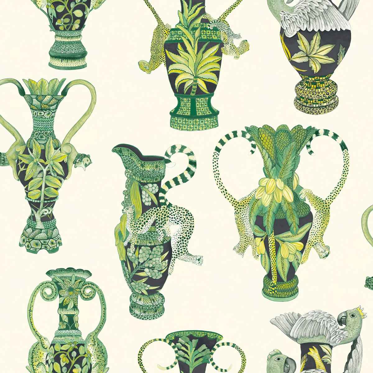 Cole &amp; Son &#39;Khulu Vases - Multi Greens on Pale Cream&#39; Wallpaper