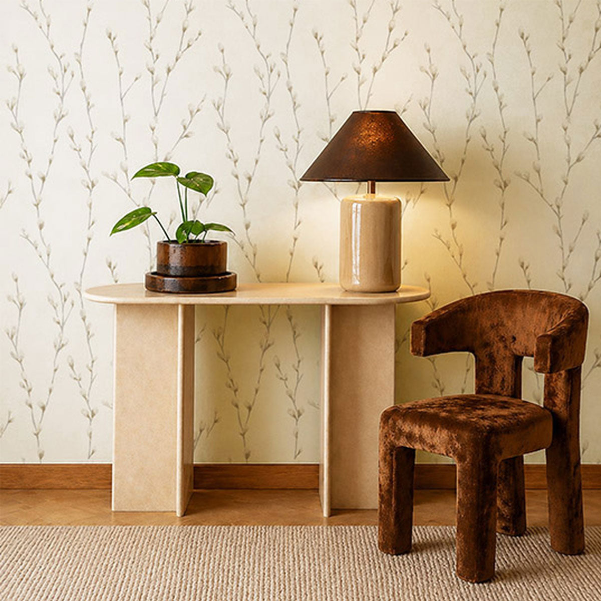 Harlequin Water Salice wallpaper – Taupe, room setting