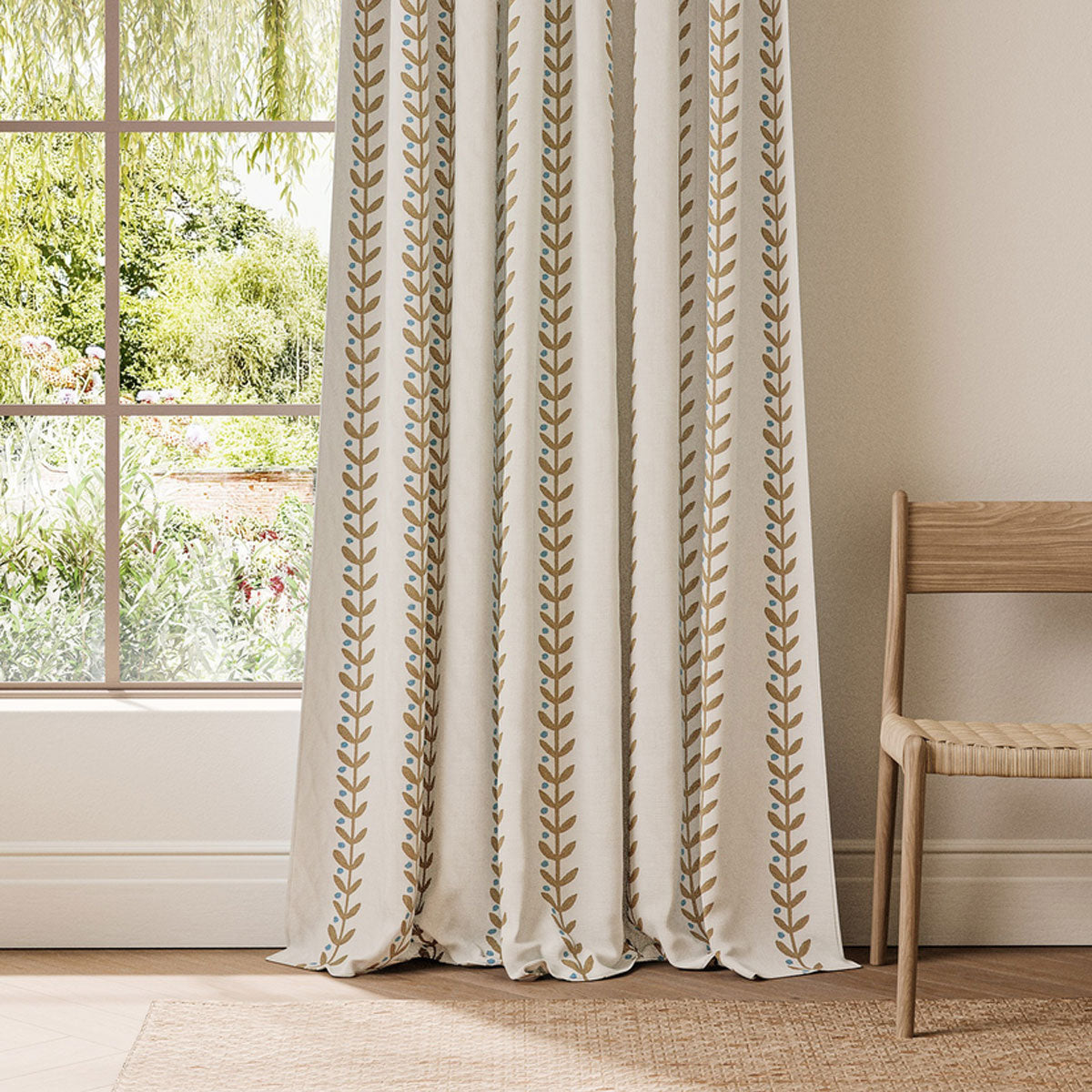 Scion Beanstalk Stripe fabric – Mushroom/Coast Blue, room setting (2)