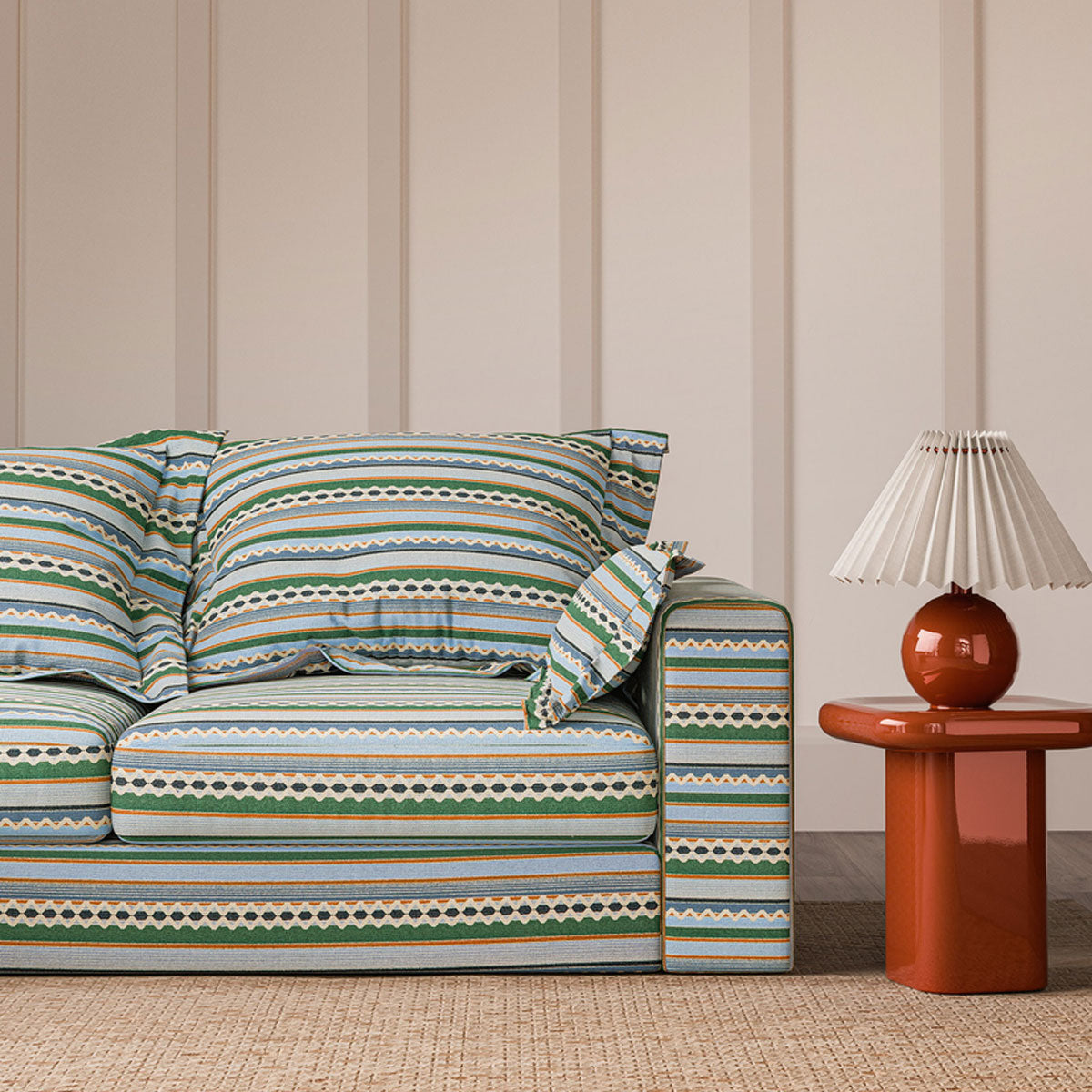 Scion Lock Stitch fabric – Cornflower/Jade/Apricot (2)