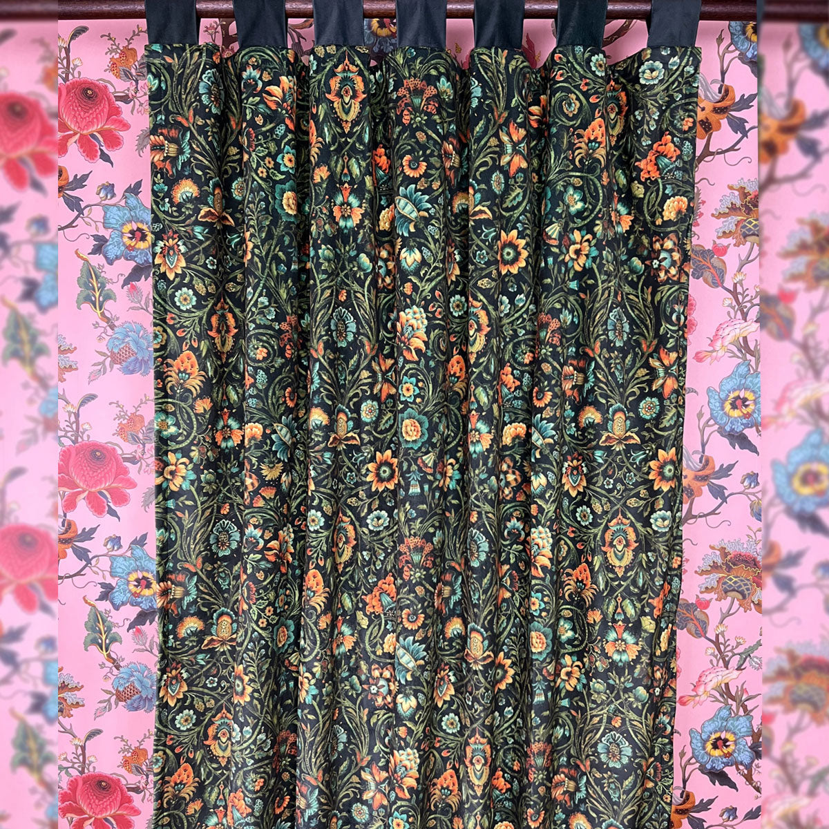 Black And Amber Baroda Printed Velvet Panel Curtain