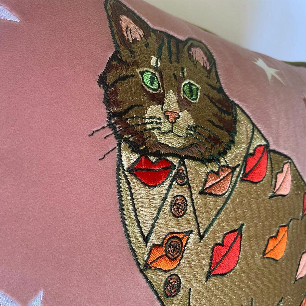 Fashion Cat Lips Embroidered Velvet Cushion Cover - Karen Mabon
