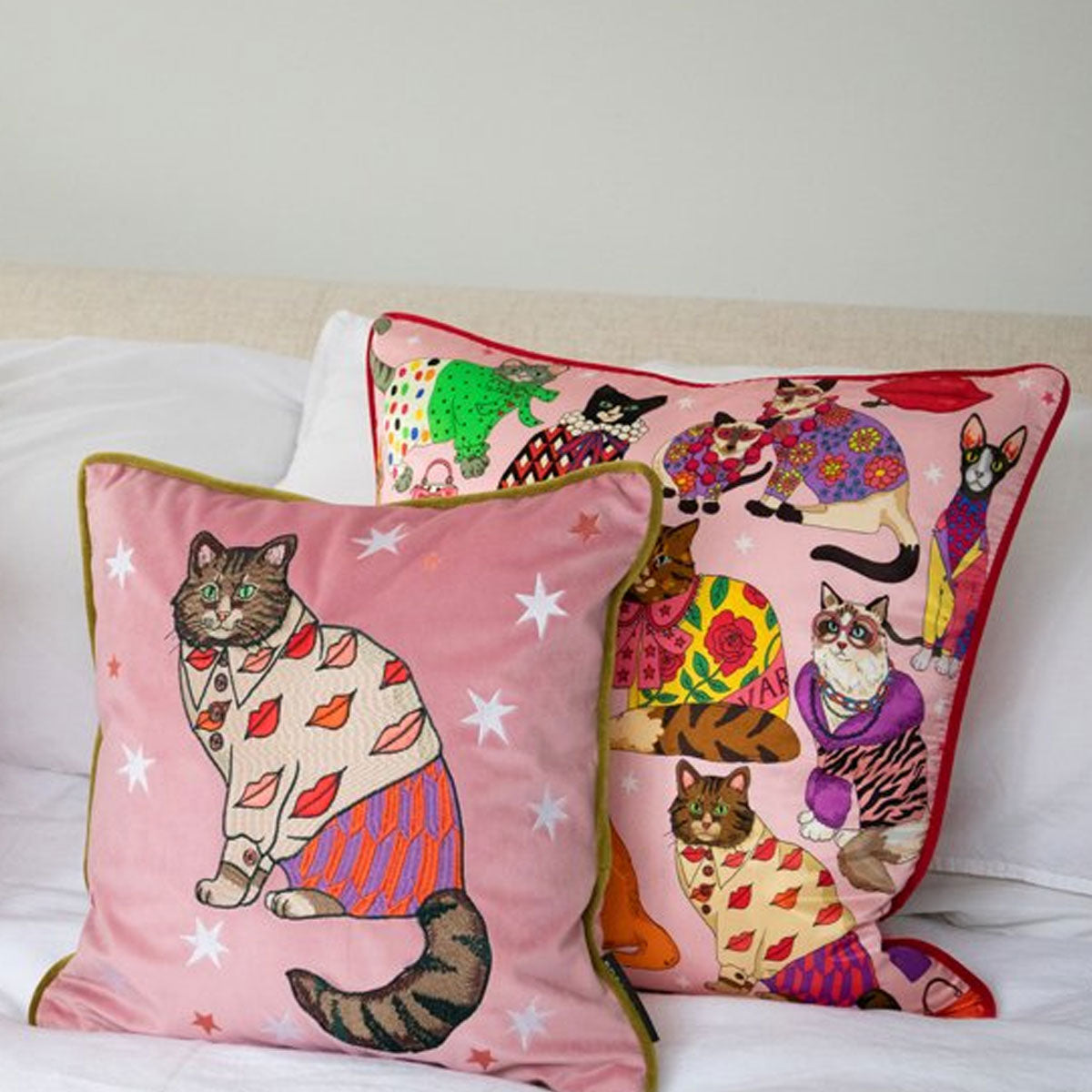 Fashion Cat Lips Embroidered Velvet Cushion Cover - Karen Mabon