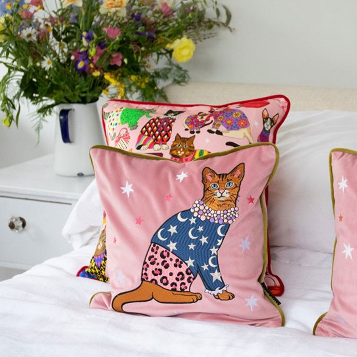 Fashion Cat Moon &amp; Stars Embroidered Velvet Cushion Cover - Karen Mabon