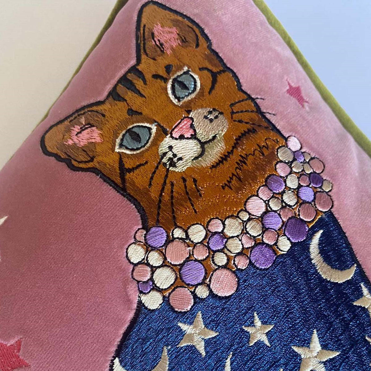 Fashion Cat Moon &amp; Stars Embroidered Velvet Cushion Cover - Karen Mabon
