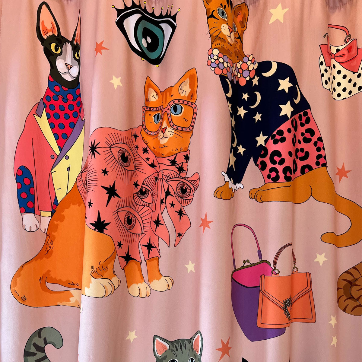 Karen Mabon X Courthouse ‘Fashion Cats’ Velvet Panel Curtain Pink