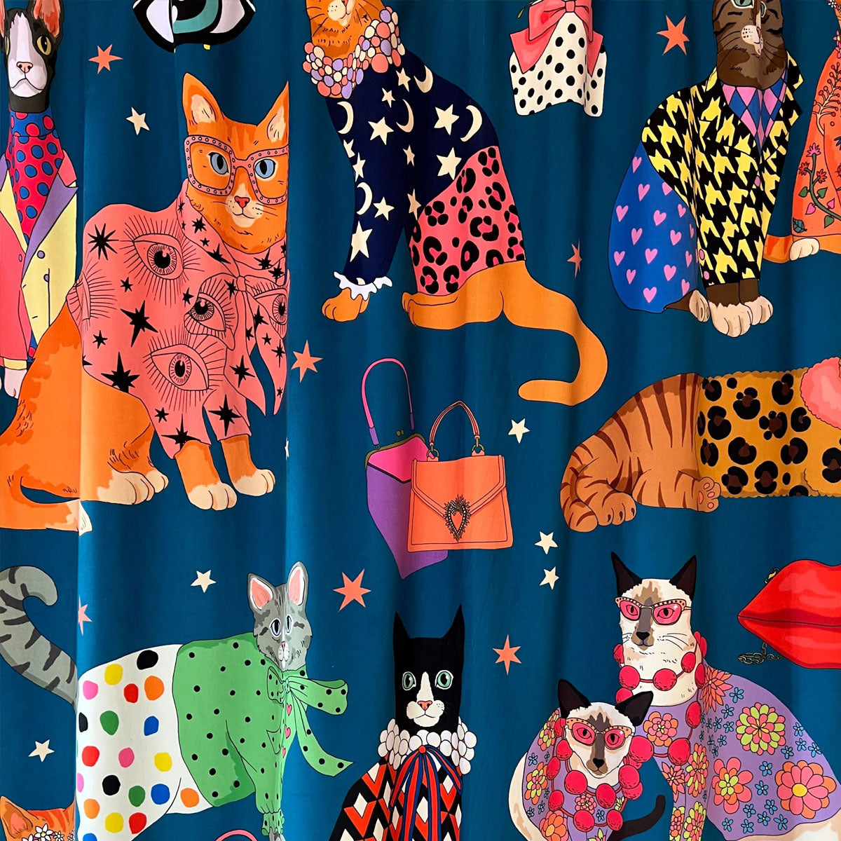 Karen Mabon X Courthouse ‘Fashion Cats’ Velvet Panel Curtain Teal