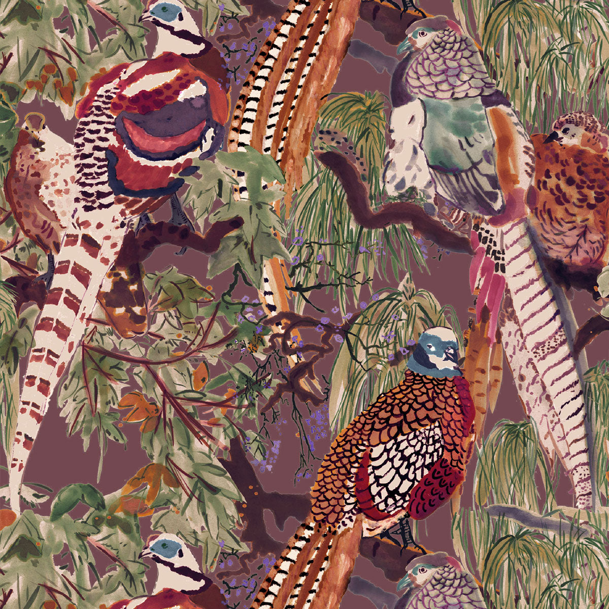 Mulberry Home &#39;Game Birds - Red/Plum&#39; Wallpaper