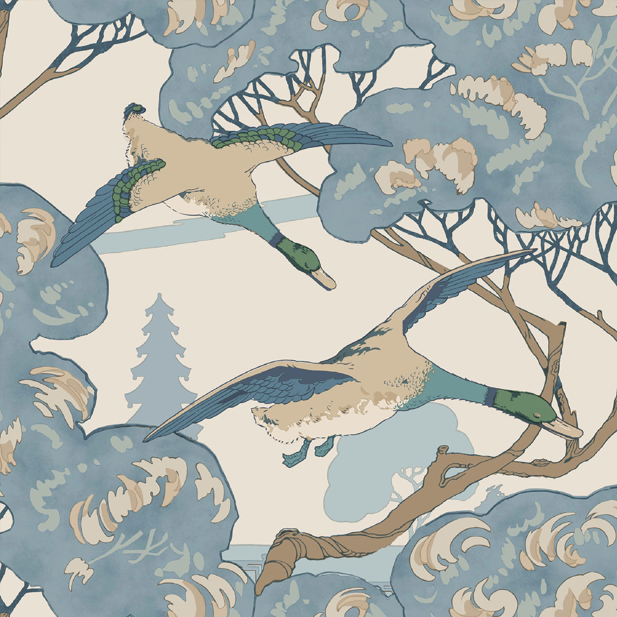 Mulberry Home &#39;Grand Flying Ducks - Blue&#39; Wallpaper