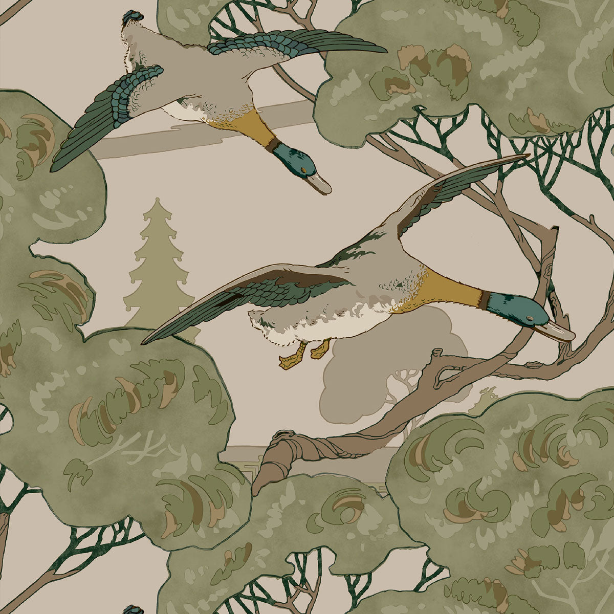 Mulberry Home &#39;Grand Flying Ducks - Emerald&#39; Wallpaper
