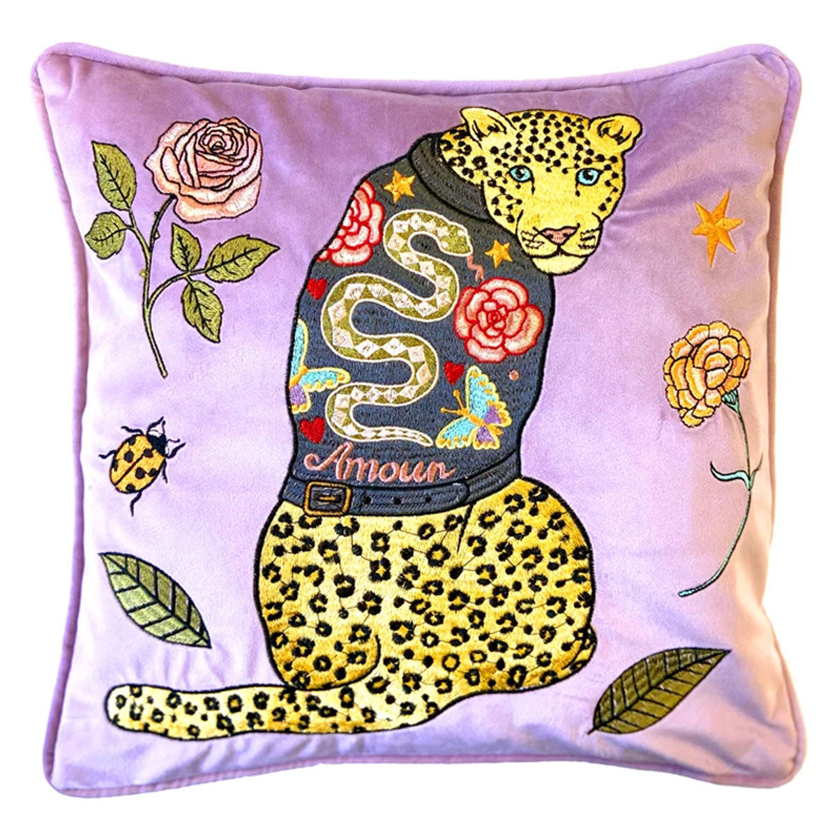 &#39;Leopards Can&#39;t Change Their Spots&#39; Leather Jacket Embroidered Velvet Cushion Cover - Karen Mabon