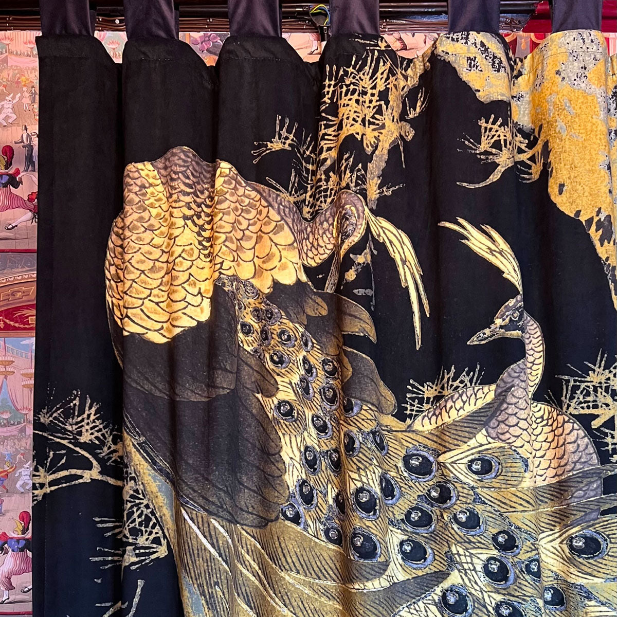 Peacock Black Printed Velvet Panel Curtain