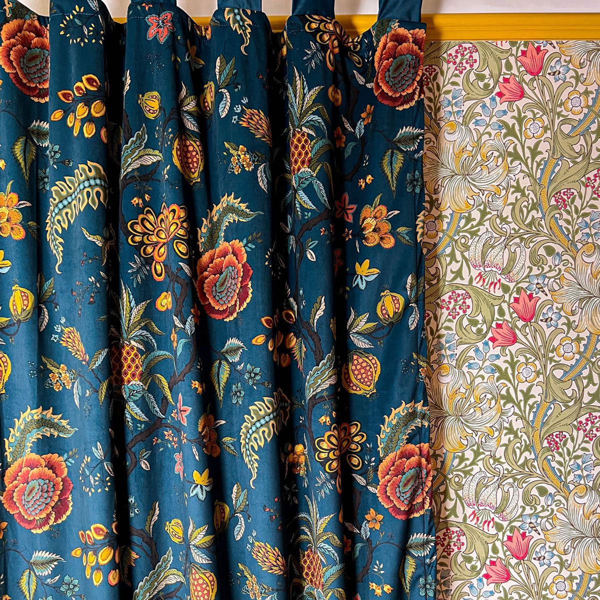 Pompadour Teal Printed Velvet Panel Curtain