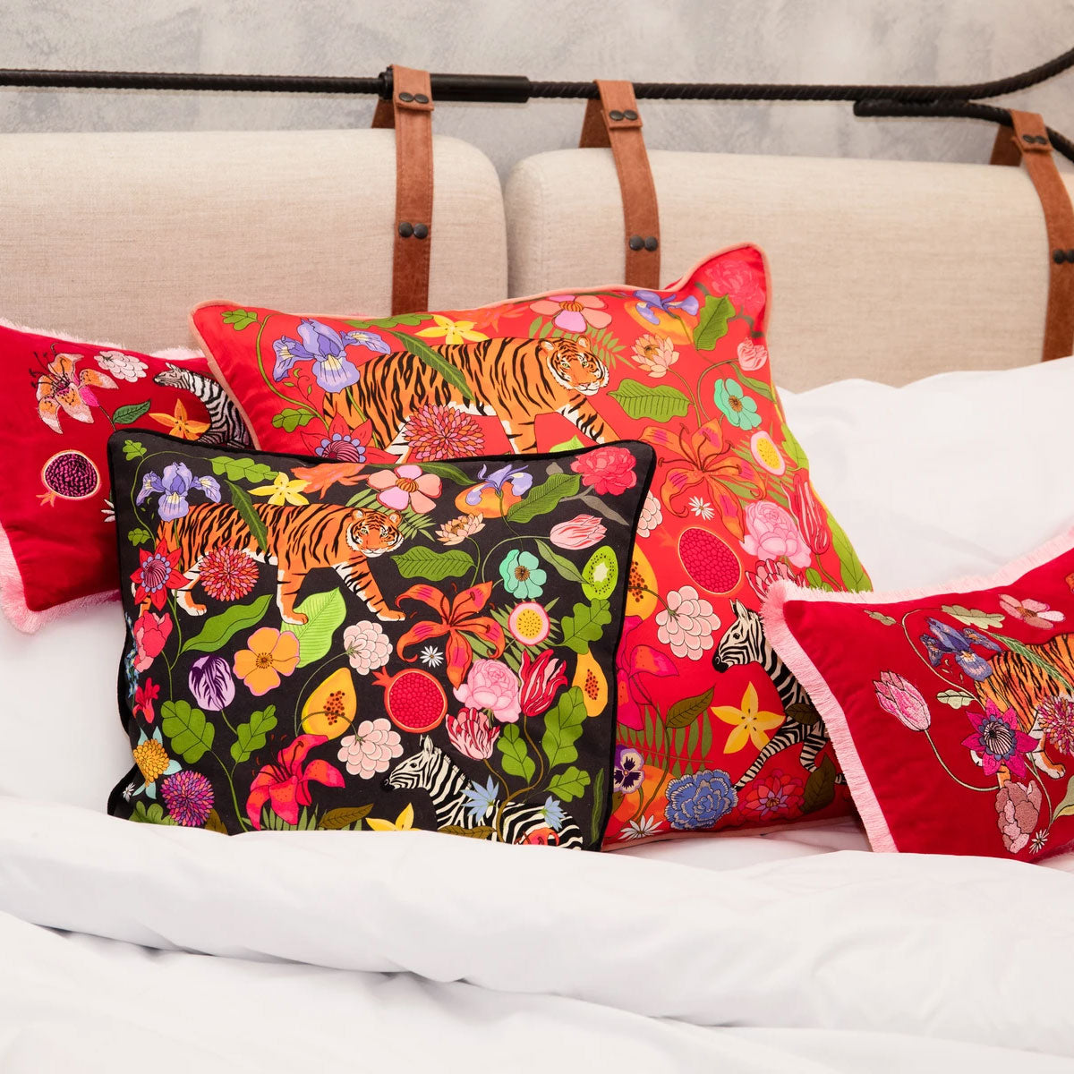 Tiger Bouquet Cushion Midnight Cover - Karen Mabon